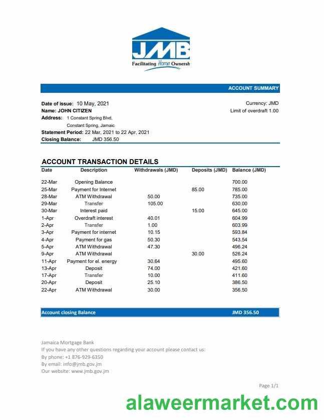 Jamaica Mortgage Bank statement easy to fill template in Excel and PDF format
